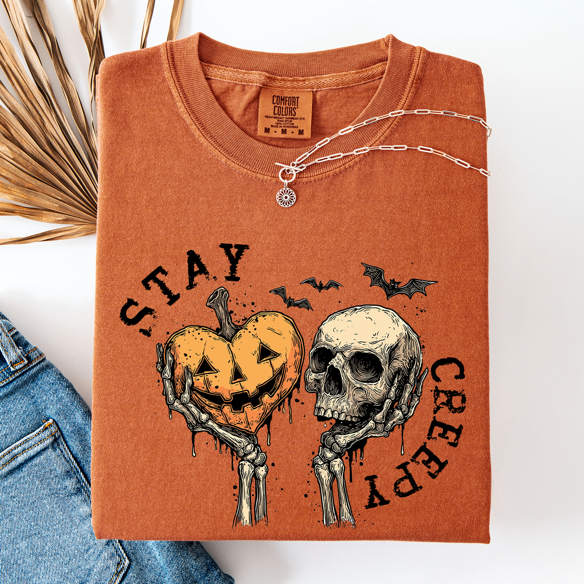 Stay Creepy Halloween Pumpkin Heart Skeleton Bats Leopard Print Checkered Comfort Colors Tee