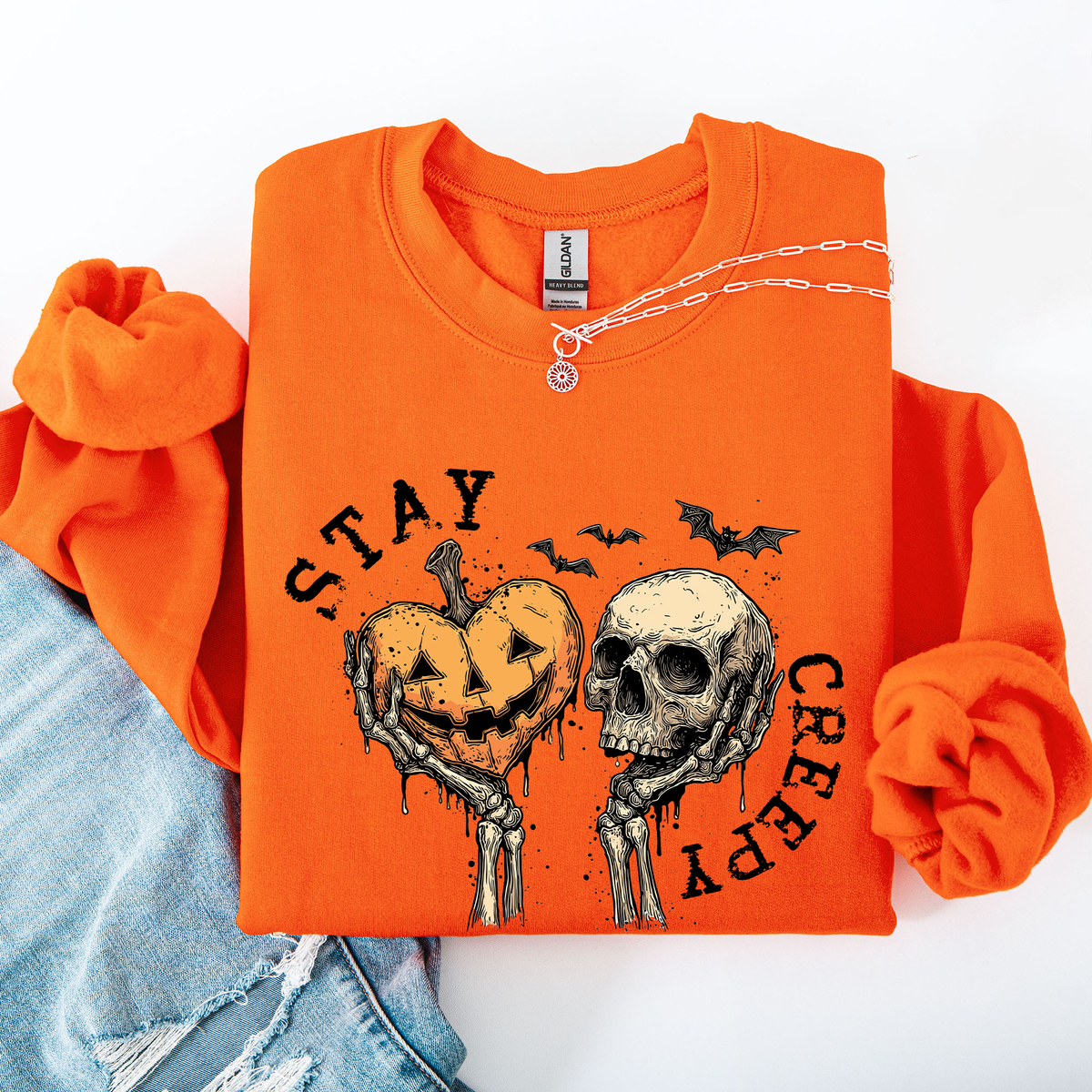 Stay Creepy Halloween Pumpkin Heart Skeleton Cute Bats Spooky Nightfall Gothic Adventure Sweatshirt