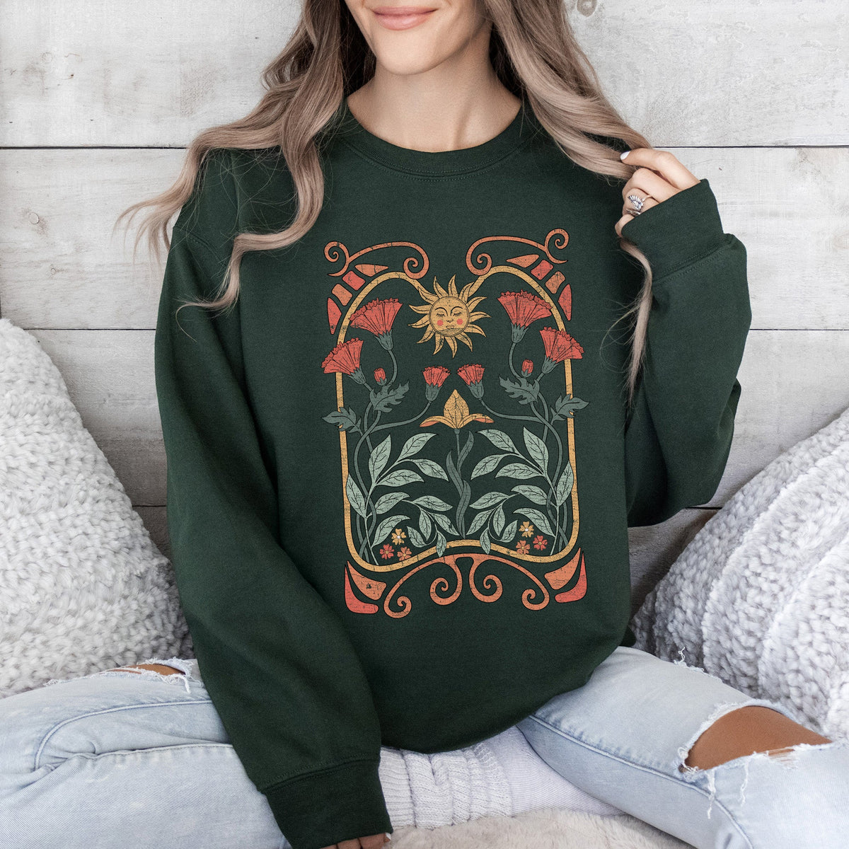 Sun Art Deco Design Celestial Art Nouveau Solar Rays And Stars Motif Modern Sweatshirt