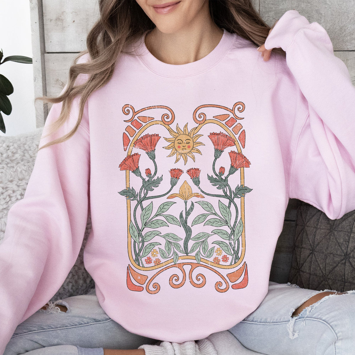 Sun Art Deco Design Celestial Art Nouveau Solar Rays And Stars Motif Modern Sweatshirt