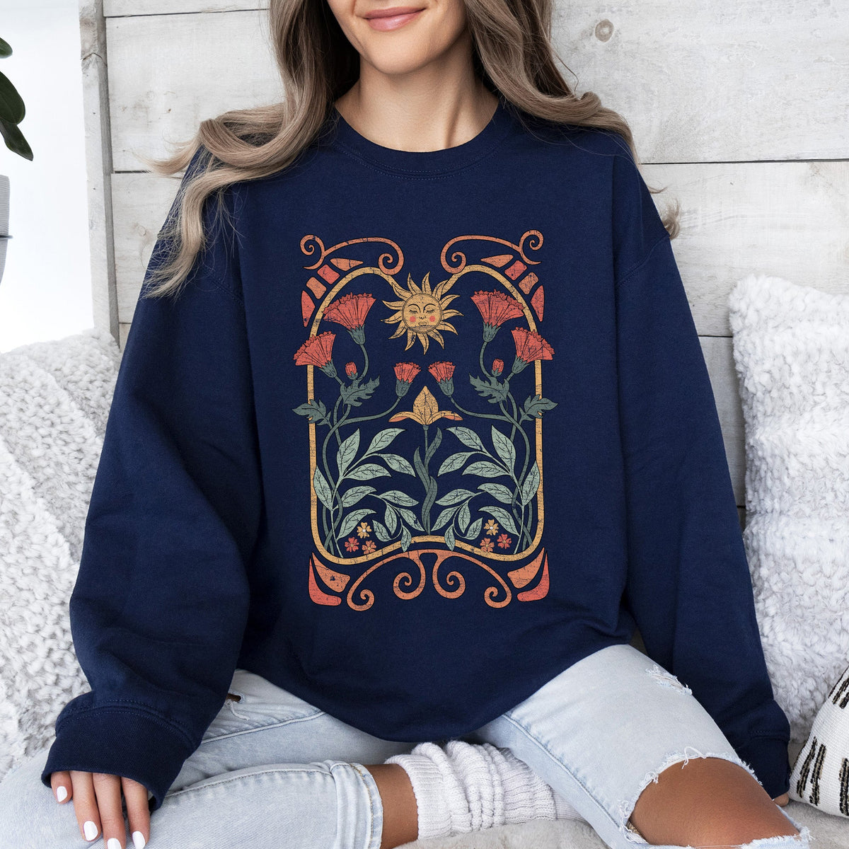 Sun Art Deco Design Celestial Art Nouveau Solar Rays And Stars Motif Modern Sweatshirt