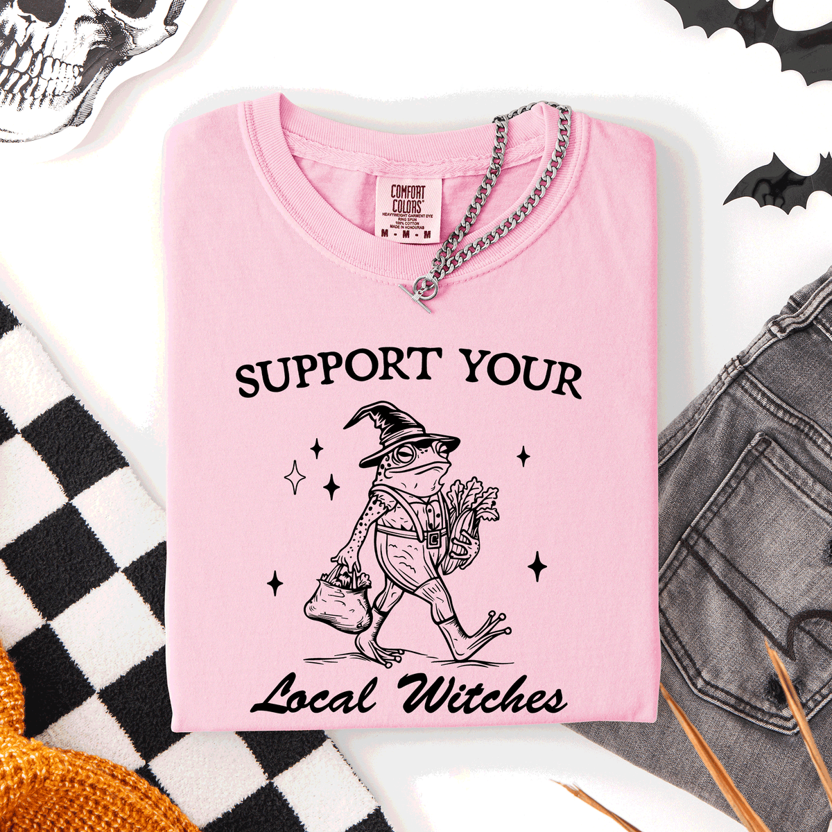 Support Your Local Witches Frog Halloween Witch Spooky Season Graphic Design Edition Comfort Colors Tee
