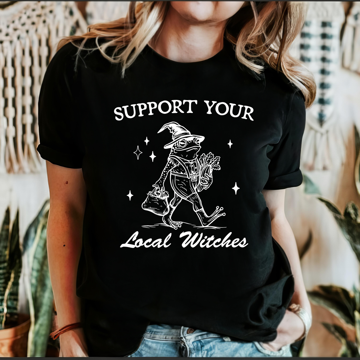 Support Your Local Witches Frog Halloween Witchy Spooky Haunted Night Sky Graphic Tee