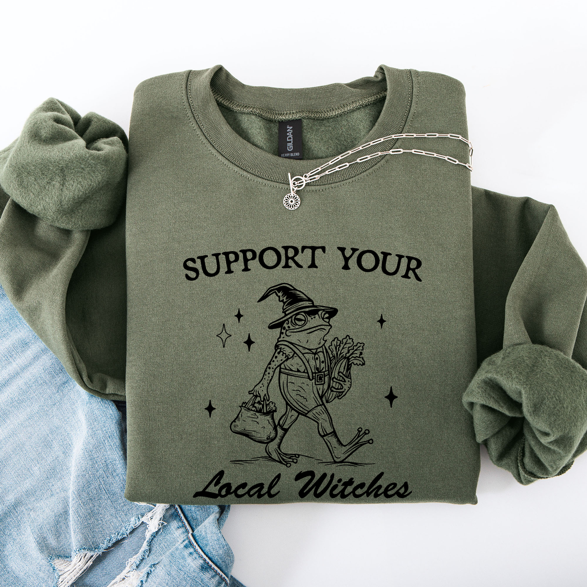 Support Your Local Witches Frog Halloween Witch Design Cozy Autumn Themed Sweatshirt