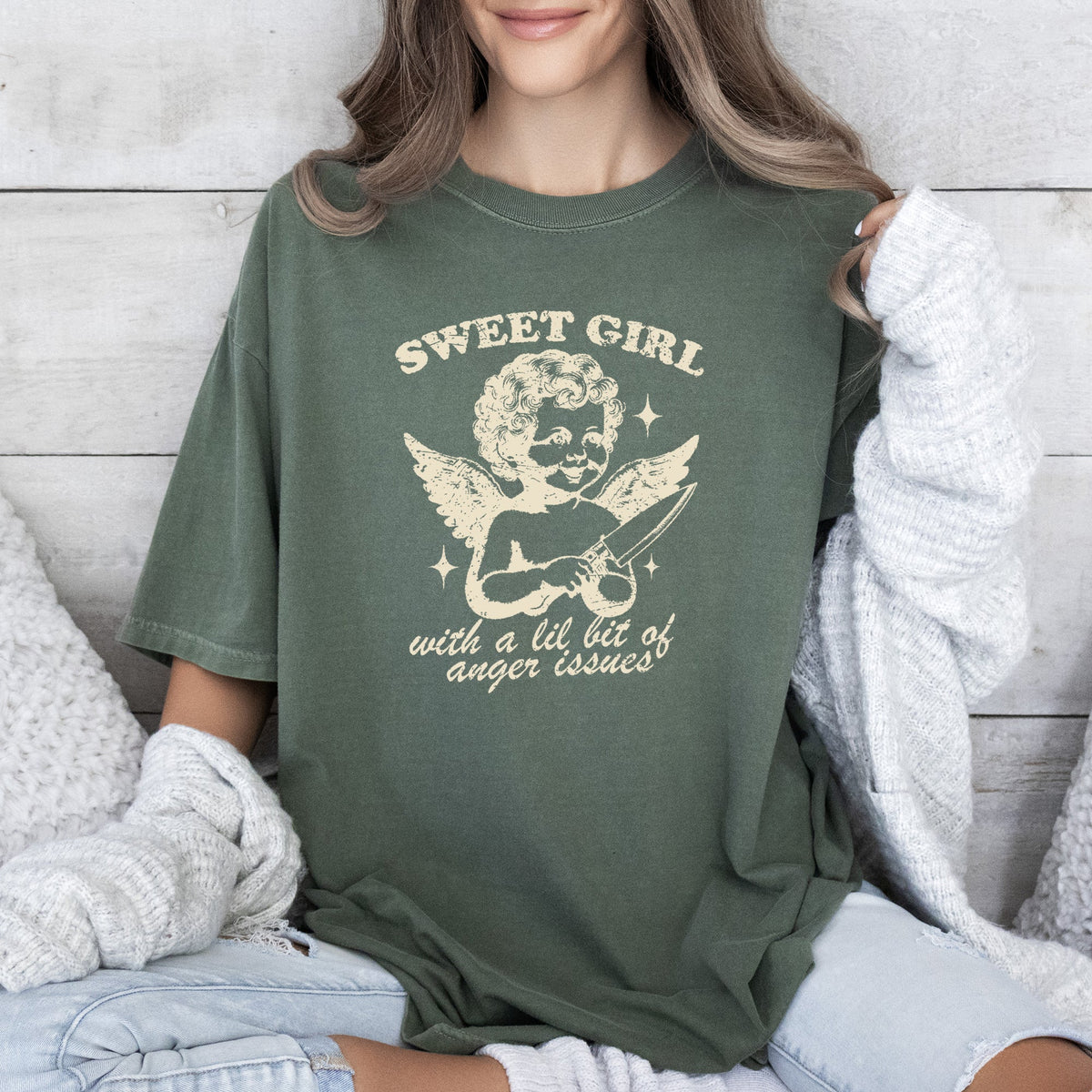 Sweet Girl Anger Issues Cupid Angel Meme Phrase Artwork Edition Comfort Colors Tee