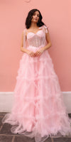 Nox Anabel T1340 Long Ruffled Skirt Boned Bustier Ribbon Strap A-Line Gown