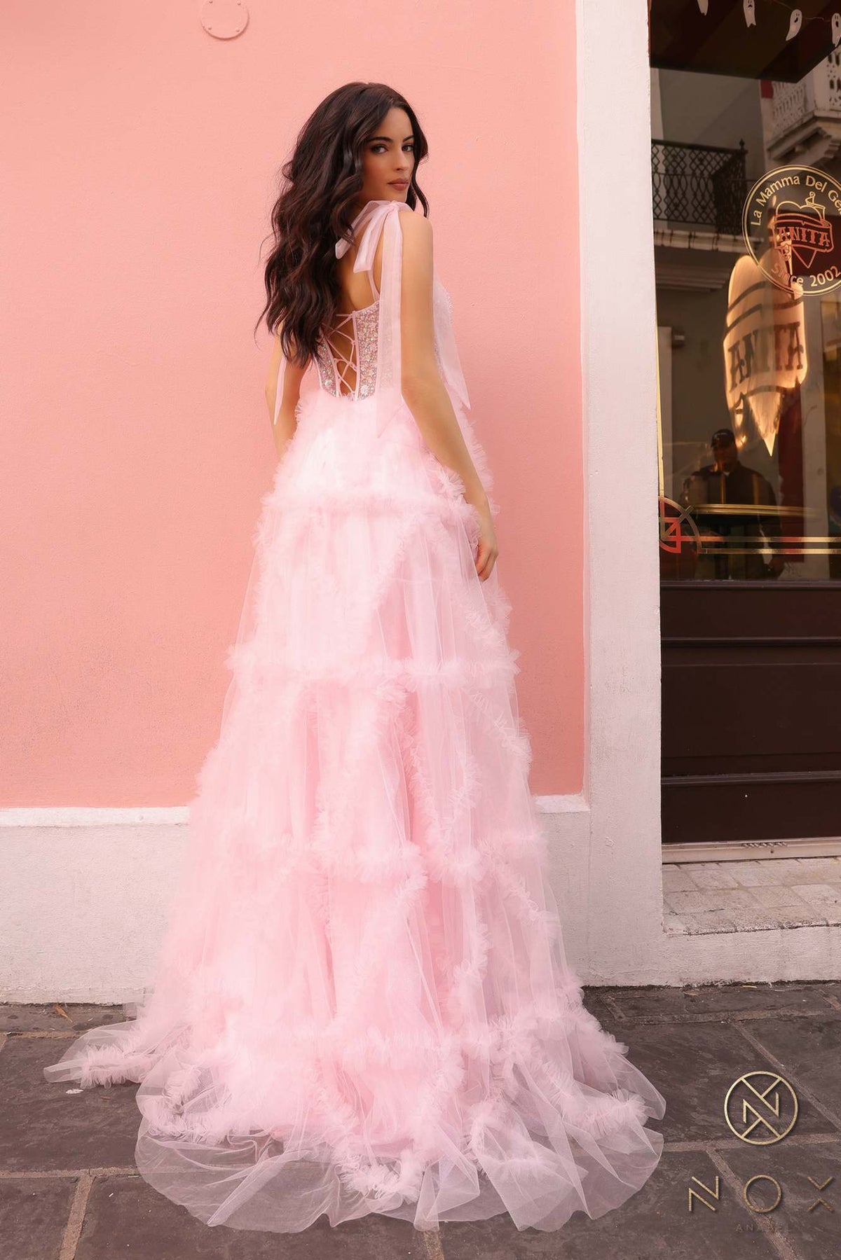 Nox Anabel T1340 Long Ruffled Skirt Boned Bustier Ribbon Strap A-Line Gown