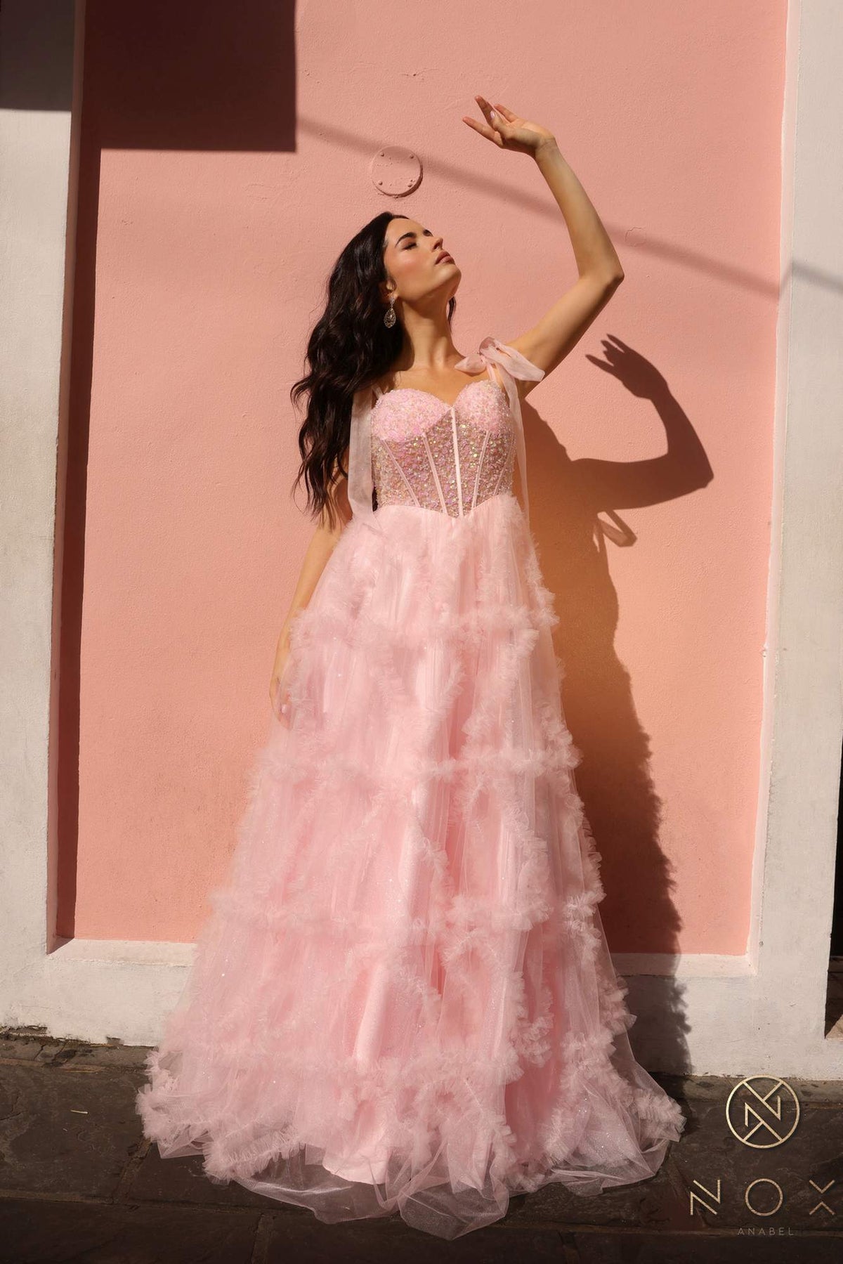 Nox Anabel T1340 Long Ruffled Skirt Boned Bustier Ribbon Strap A-Line Gown