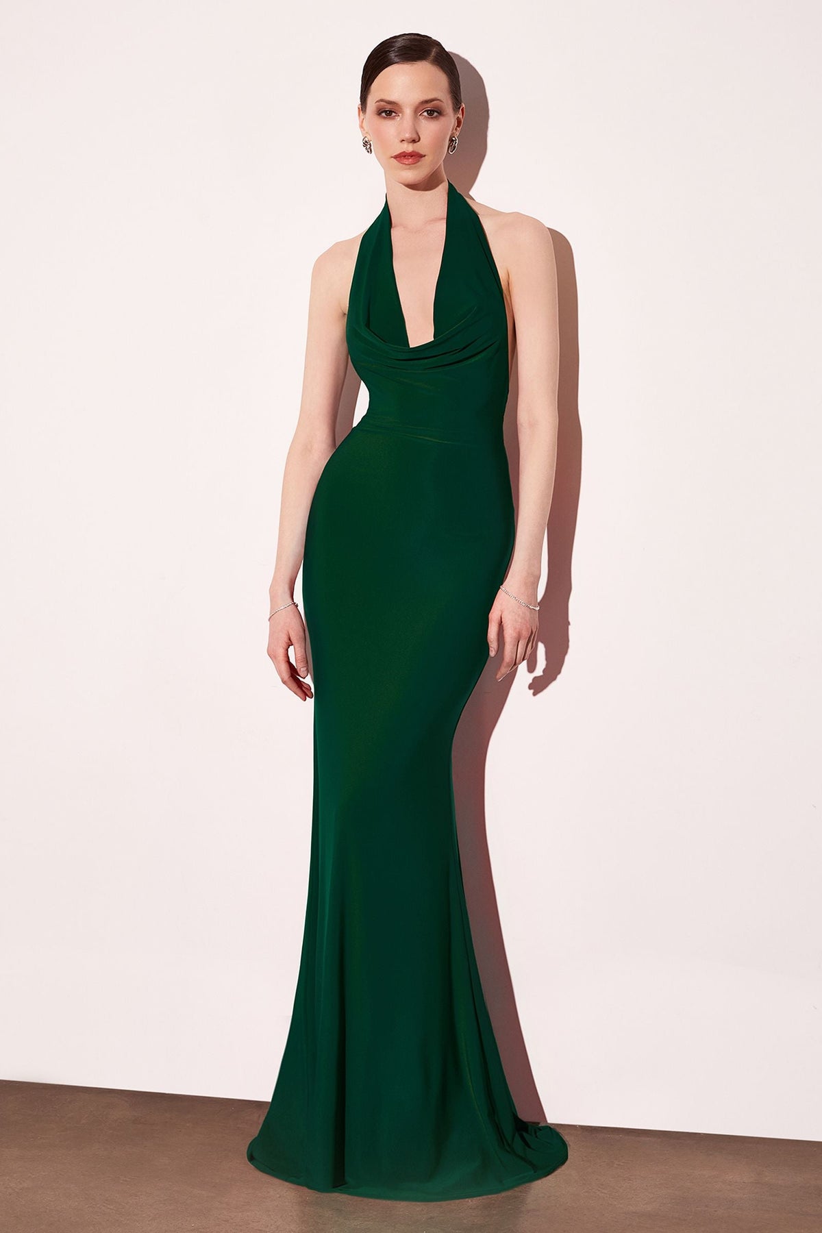 Astee T501 Long Halter V-Neckline Fitted Open Back Evening Gown