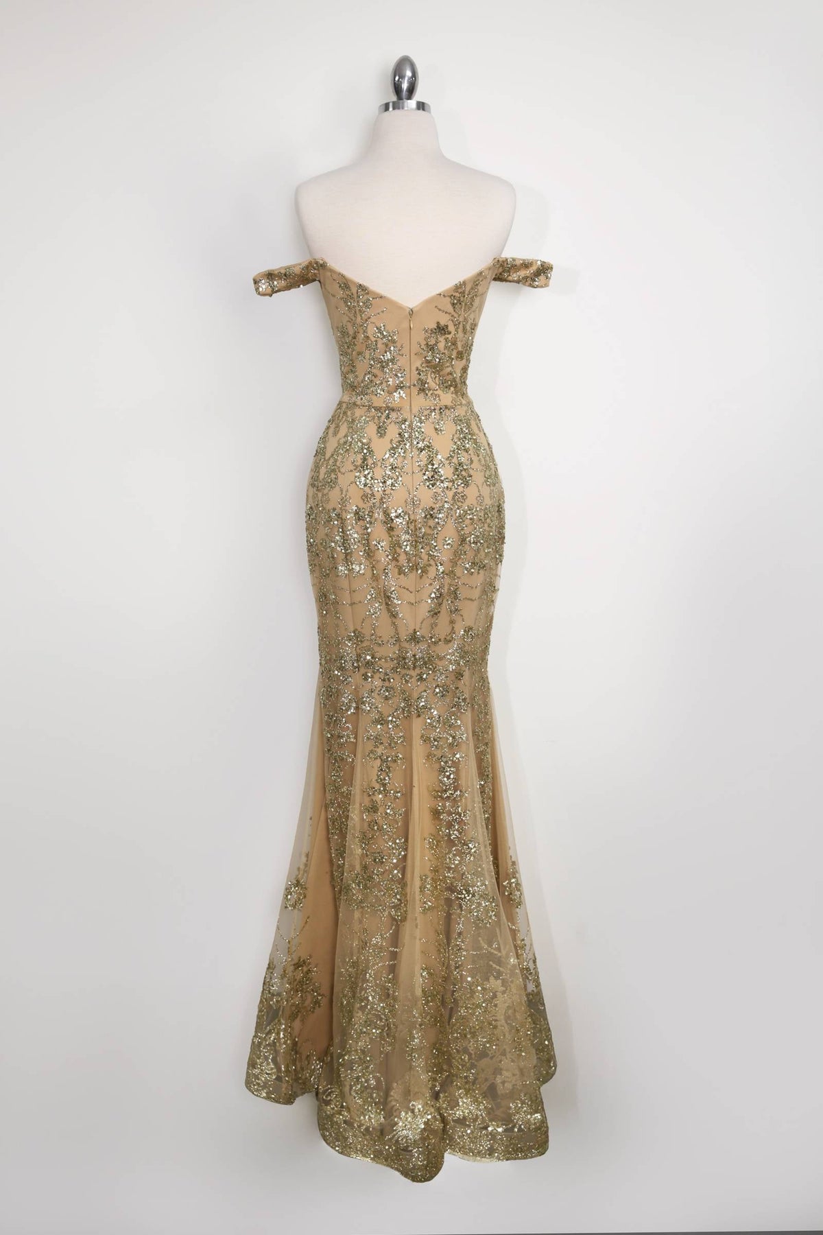 Amoris T613 Fitted Off the Shoulder Sequin Lace Sweep Train Gown