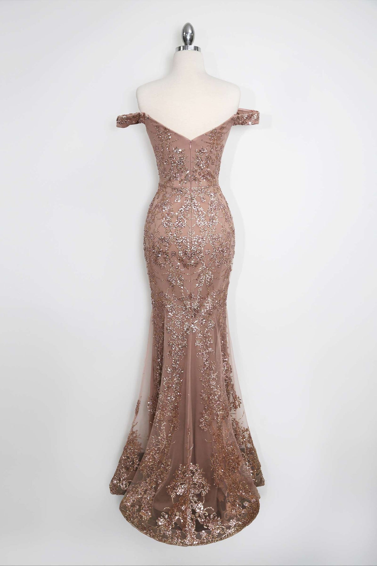 Amoris T613 Fitted Off the Shoulder Sequin Lace Sweep Train Gown