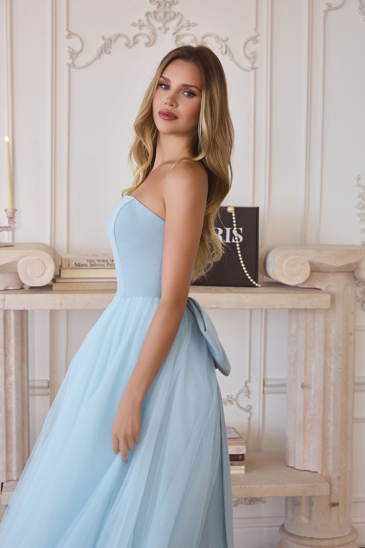 Amoris T712 Strapless Crepe Bodice A-Line Gown Layered Tulle Skirt