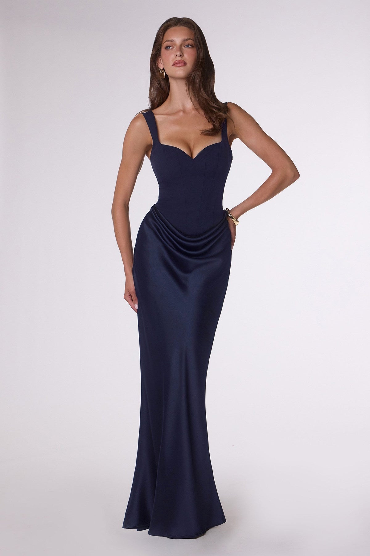 Amoris T742 Timeless Fitted Satin Formal Gown Crepe Bodice