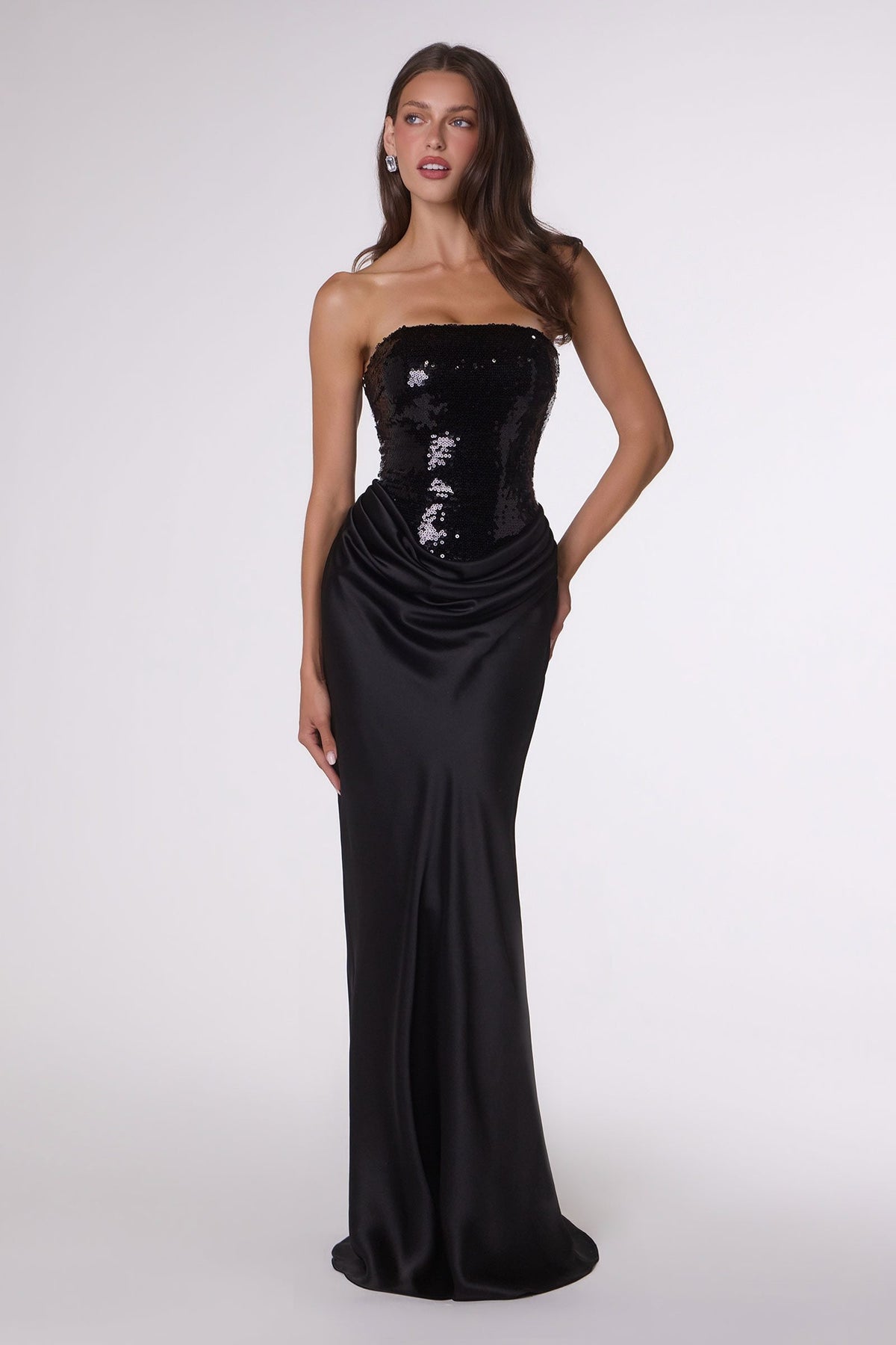Amoris T744 Strapless Sequin Bodice Satin Skirt Formal Dress
