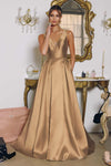 Amoris T814 Long V-Neckline A-Line Satin Dress with Pockets