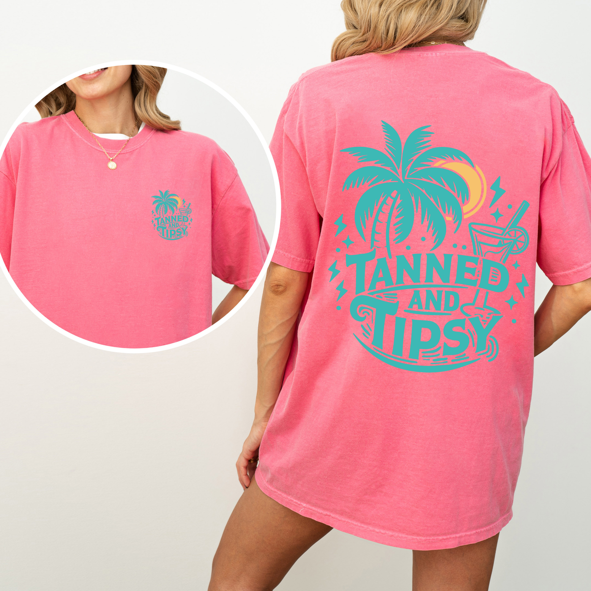 Tanned and Tipsy Beach Fun Drinking Summer Front and Back Edition Comfort Colors Tee