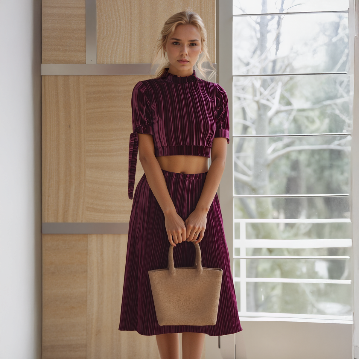 Women's Mock-Neck Velvet Crop Top In Mulberry