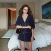 Women's Bishop Shoulder Button Front Peplum Top in Navy
