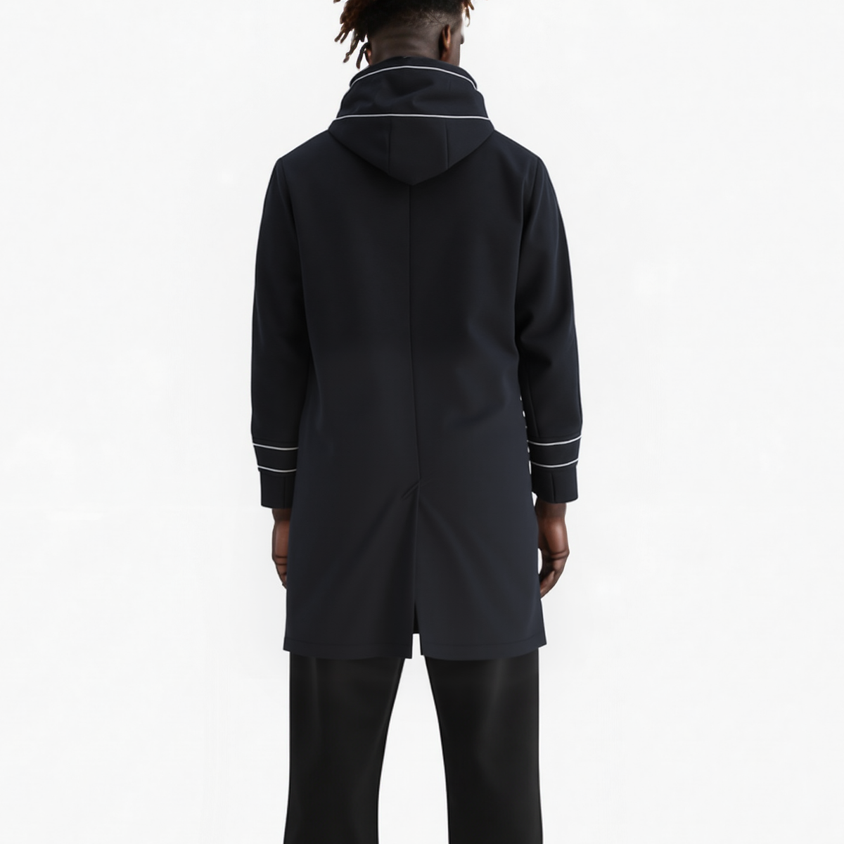 Men's Wool Blend Hooded Coat with Reflective Piping In Black