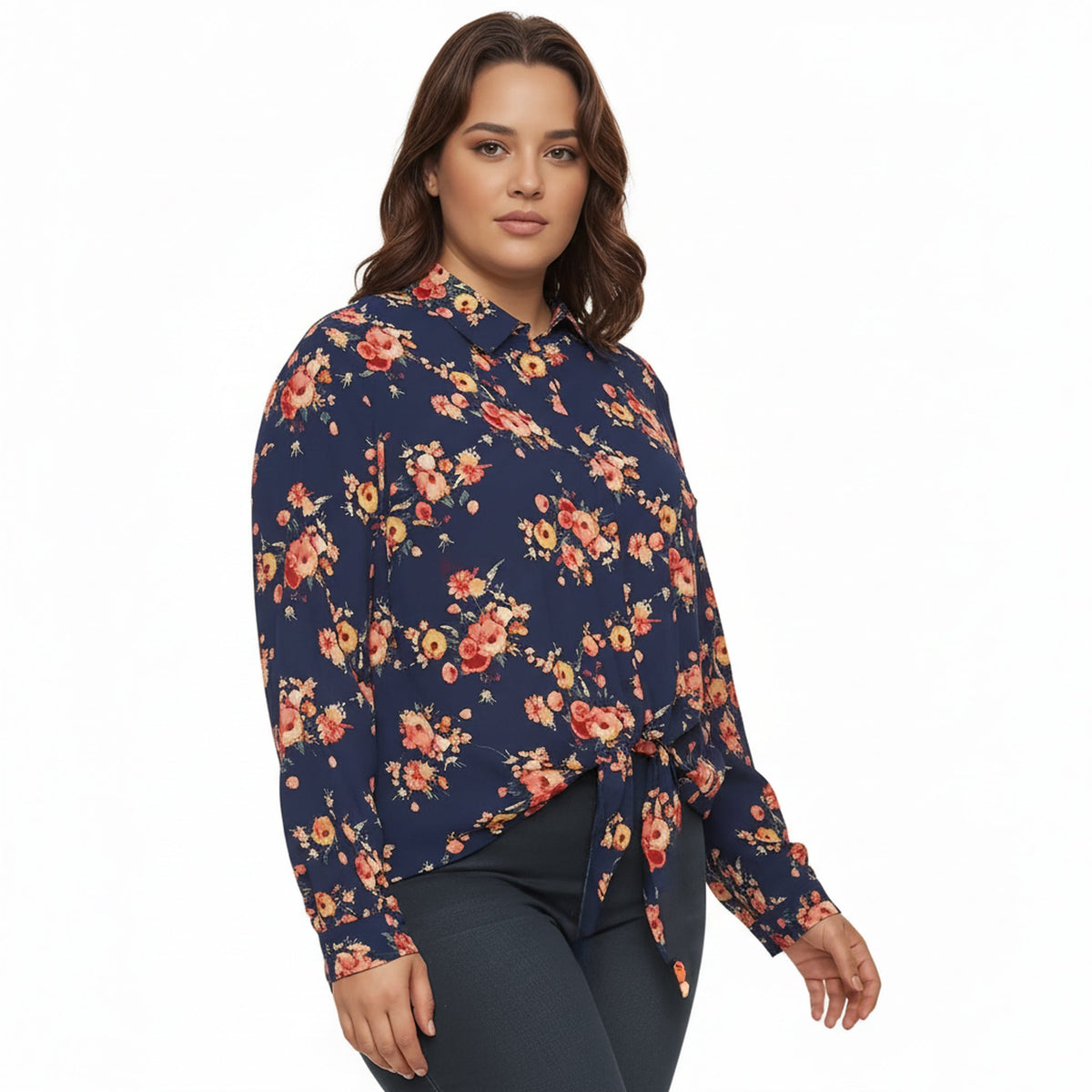Pleione Plus Tie-Front Button-Down Blouse