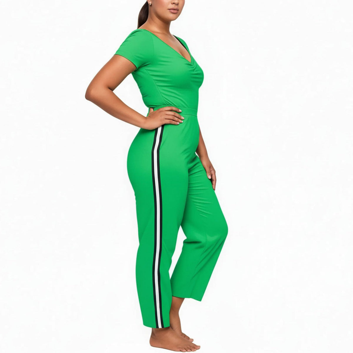 Pleione Plus Size Women's Striped Side Binding Pants In Green