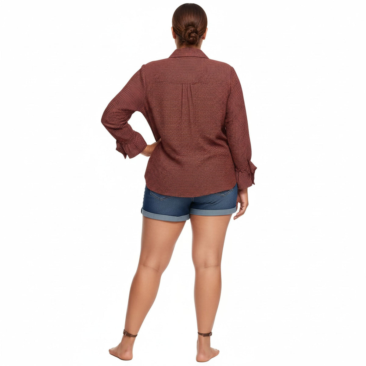 Pleione Plus Size Bell Cuff Button Down Shirt Blouse in Wallpaper