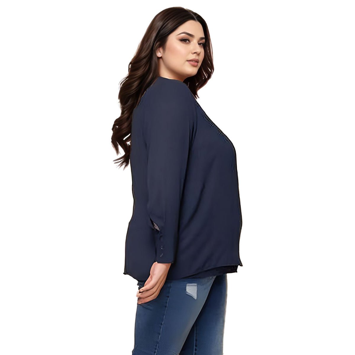 Pleione Plus Size Wrap Front Long Sleeve Blouse in Navy