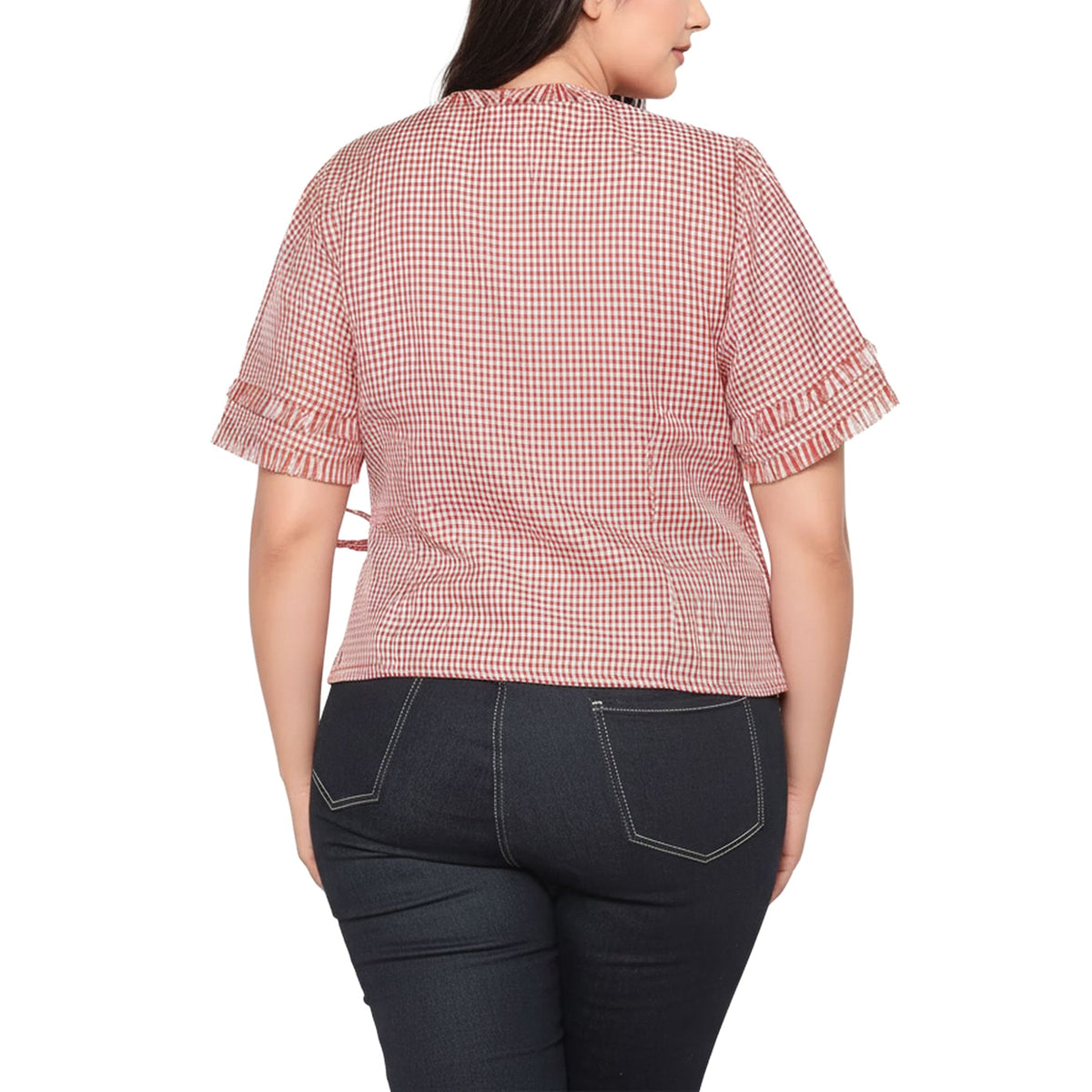 Women's Plus Size Fringe Trim Gingham Wrap Blouse in Red Gingham