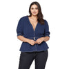 Women's Plus Size Puff Shoulder Button Front Peplum Top in Navy