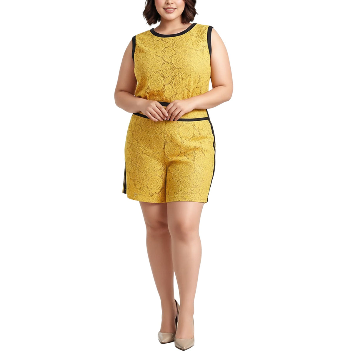 Pleione Plus Size Women's Floral Lace Sleeveless Top In Mustard