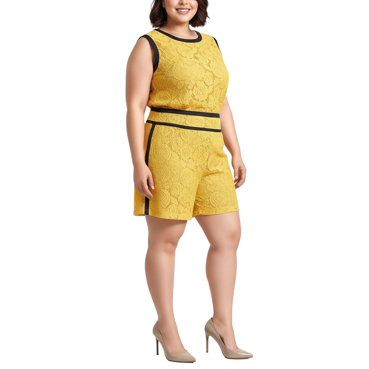 Pleione Plus Size Women's Floral Lace Sleeveless Top In Mustard