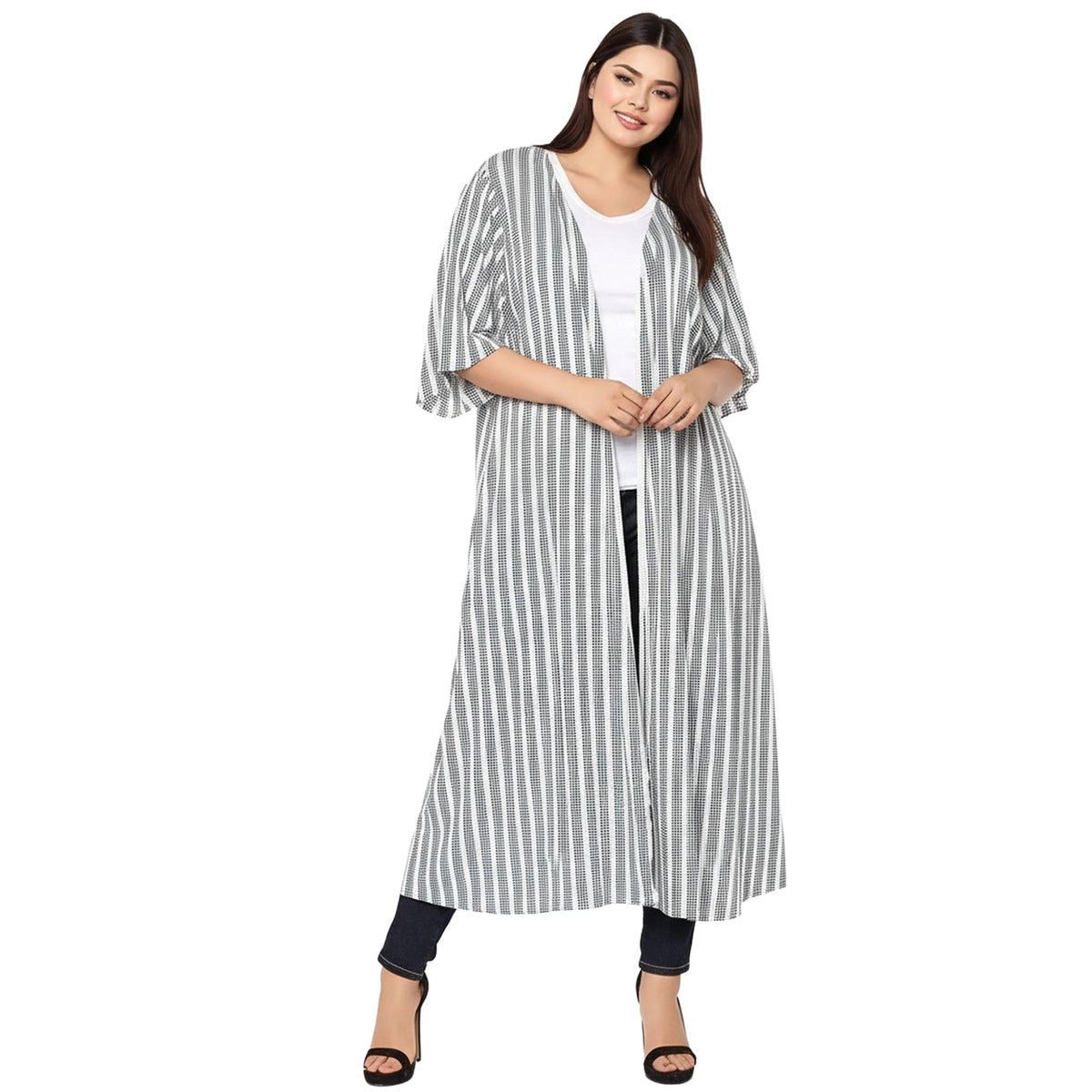 Women's Plus Size Lace Trim Tie Front Maxi Cardigan in Ditsy Gingham