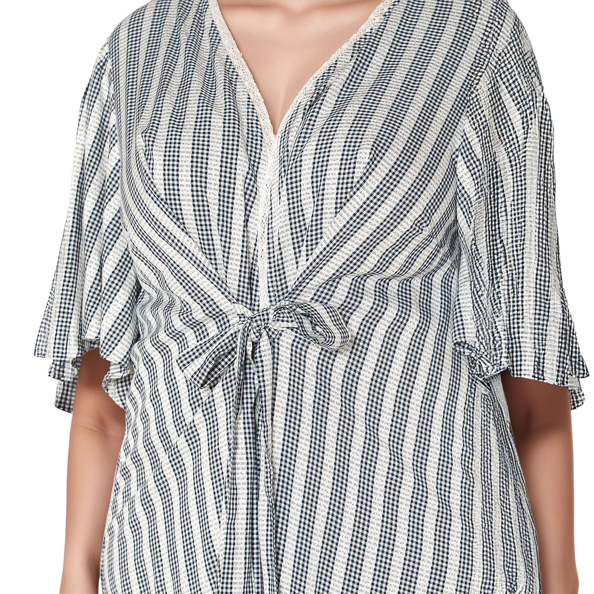 Women's Plus Size Lace Trim Tie Front Maxi Cardigan in Ditsy Gingham
