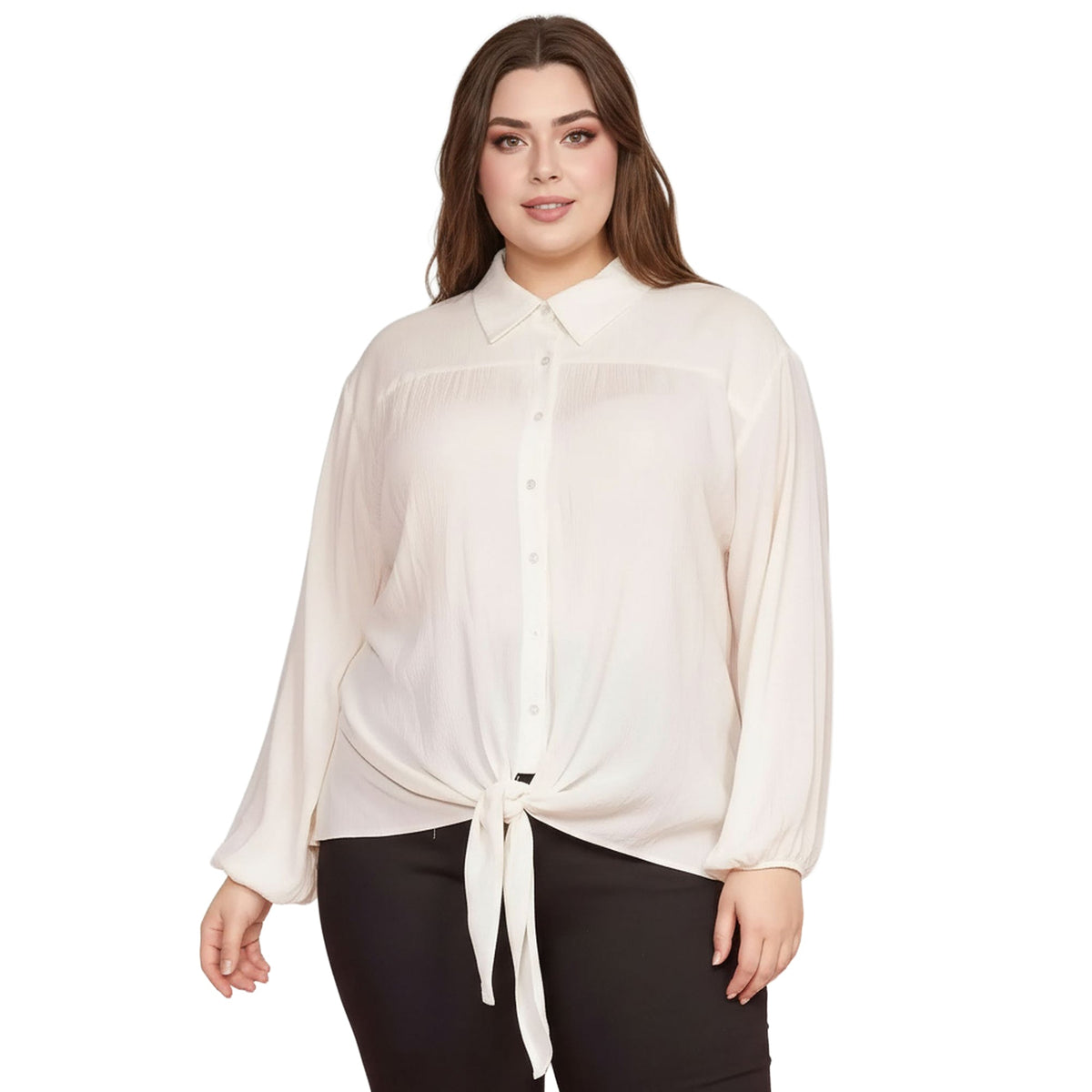 Pleione Plus Size Pleated Tie Hem Button Down Blouse in Ivory