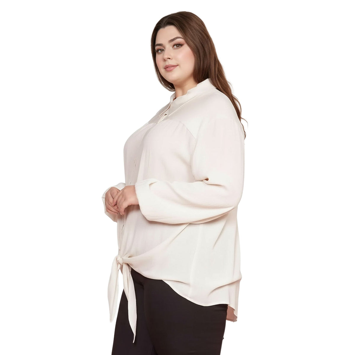 Pleione Plus Size Pleated Tie Hem Button Down Blouse in Ivory
