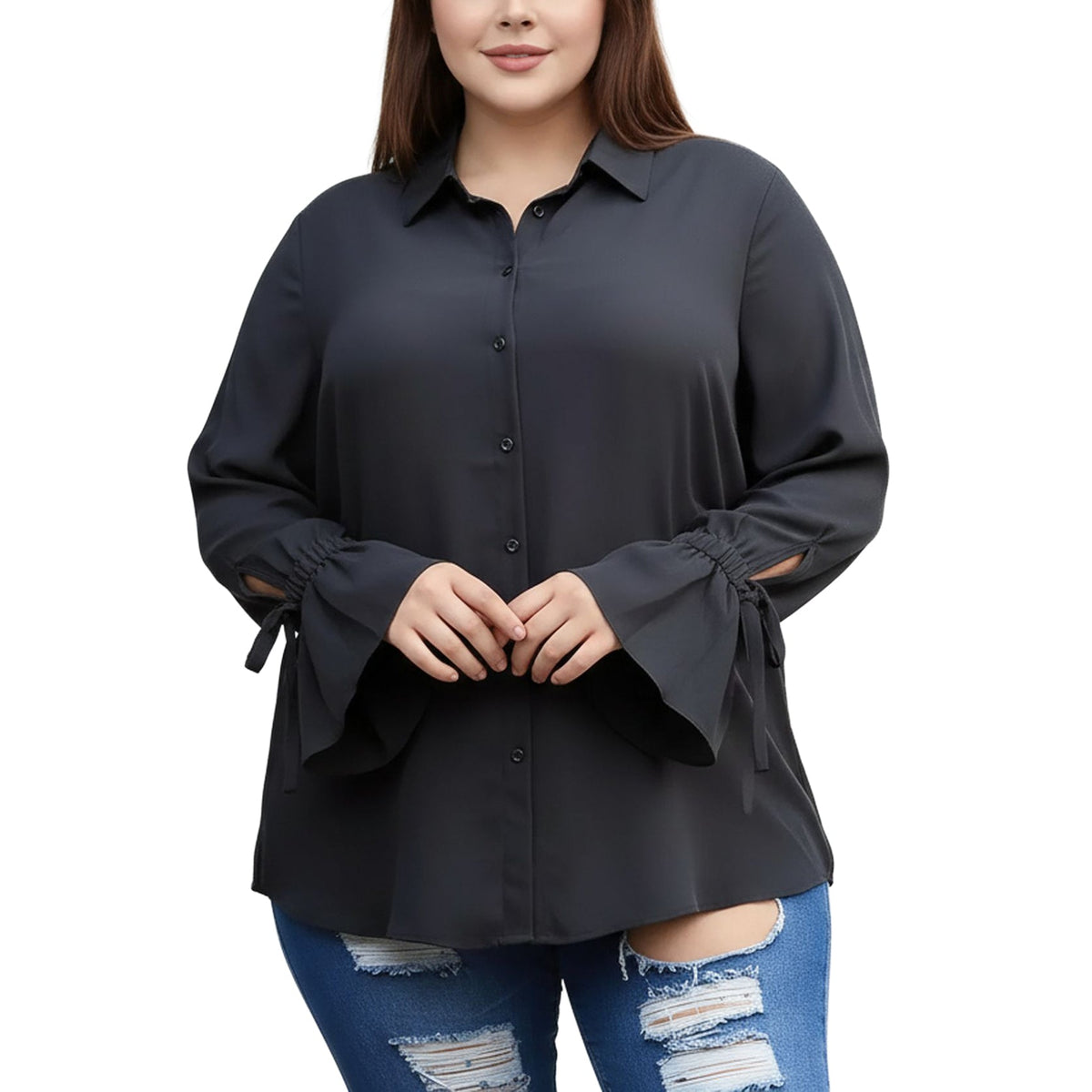 Pleione Plus Size Self-tie Bell Cuff Button Down Shirt Blouse In Black