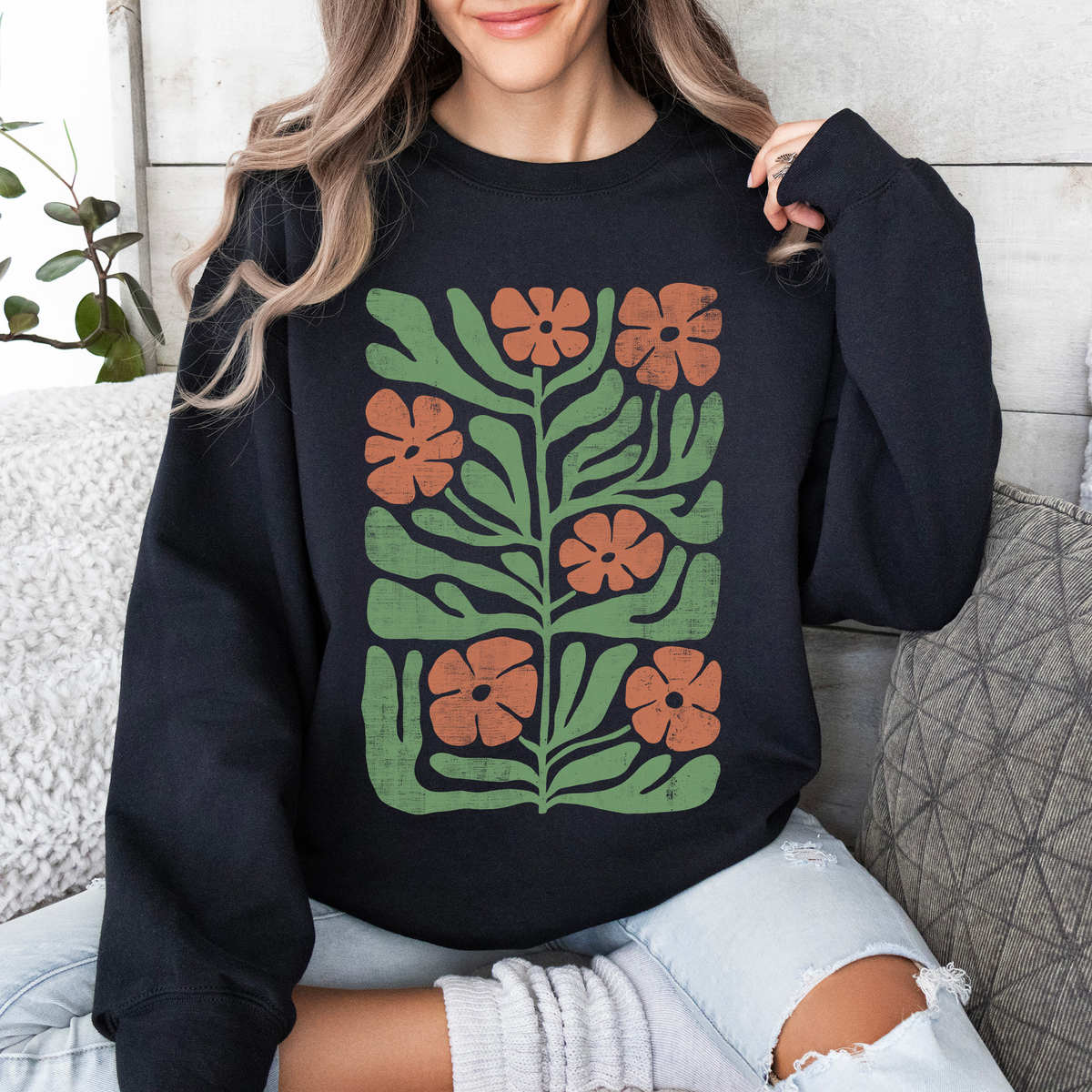 Terracotta Flower Botanical Vintage Boho Nature Print Cozy Autumn Inspired Sweatshirt