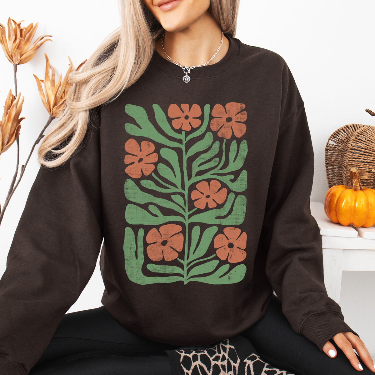 Terracotta Flower Botanical Vintage Boho Nature Print Cozy Autumn Inspired Sweatshirt