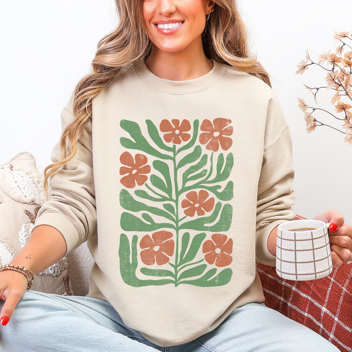 Terracotta Flower Botanical Vintage Boho Nature Print Cozy Autumn Inspired Sweatshirt