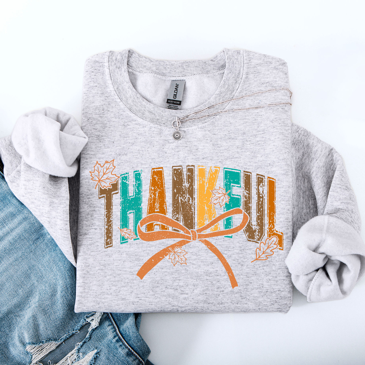 Thankful Fall Autumn Bow Ribbon Floral Sunflower Pumpkin Harvest Cozy Warm Seasonal Charm Sweatshirt
