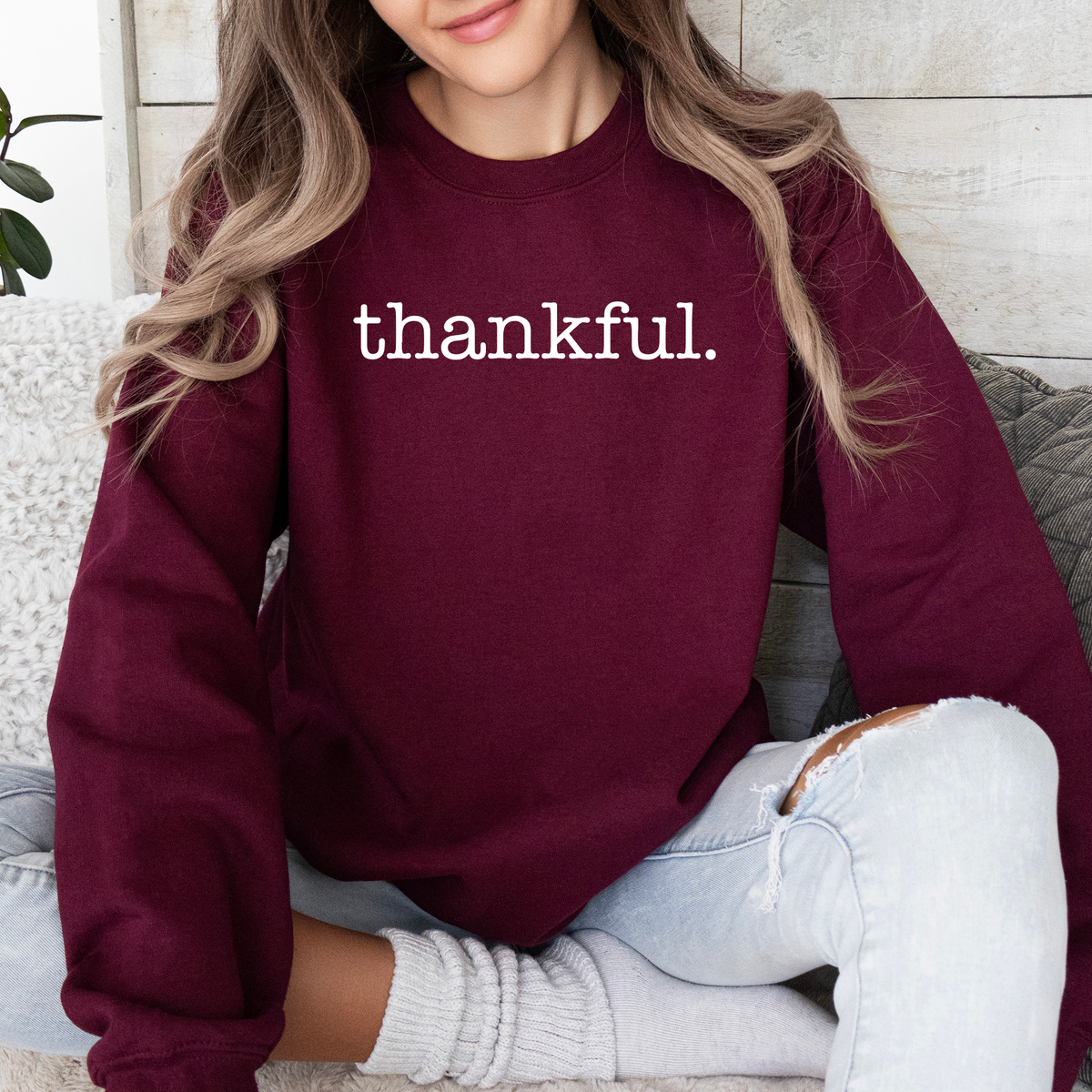 Thankful Minimalist Thanksgiving Autumn Fall Cozy Knit Cotton Premium Seasonal Warm Sweatshirt