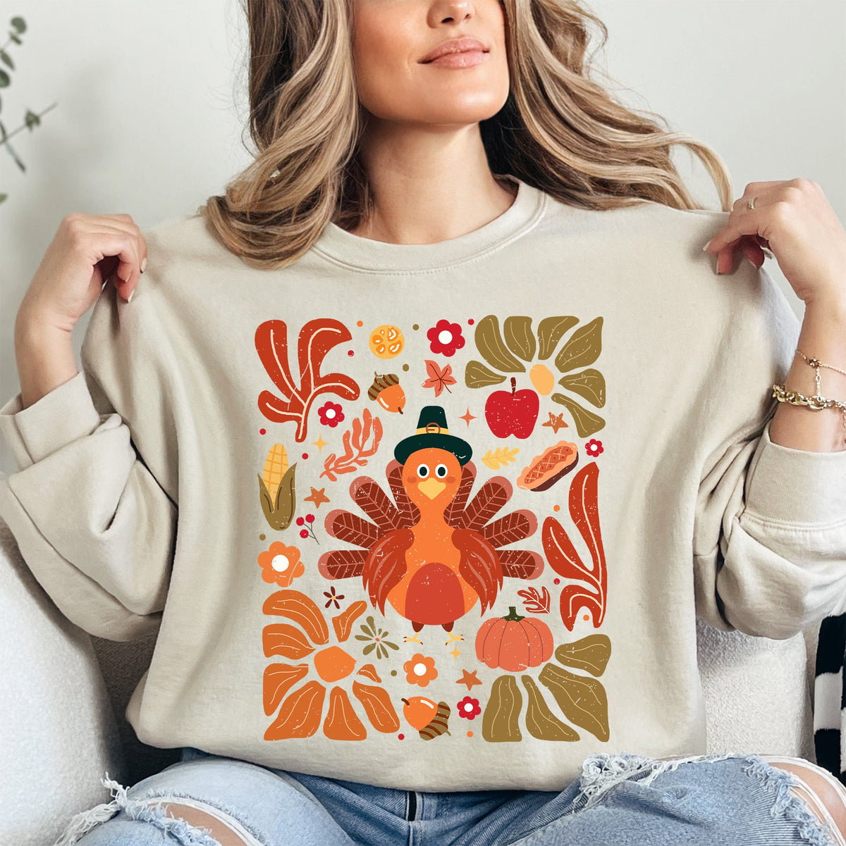 Thanksgiving Turkey Floral Boho Botanical Autumn Harvest Leaves Graphic Sweatshirt