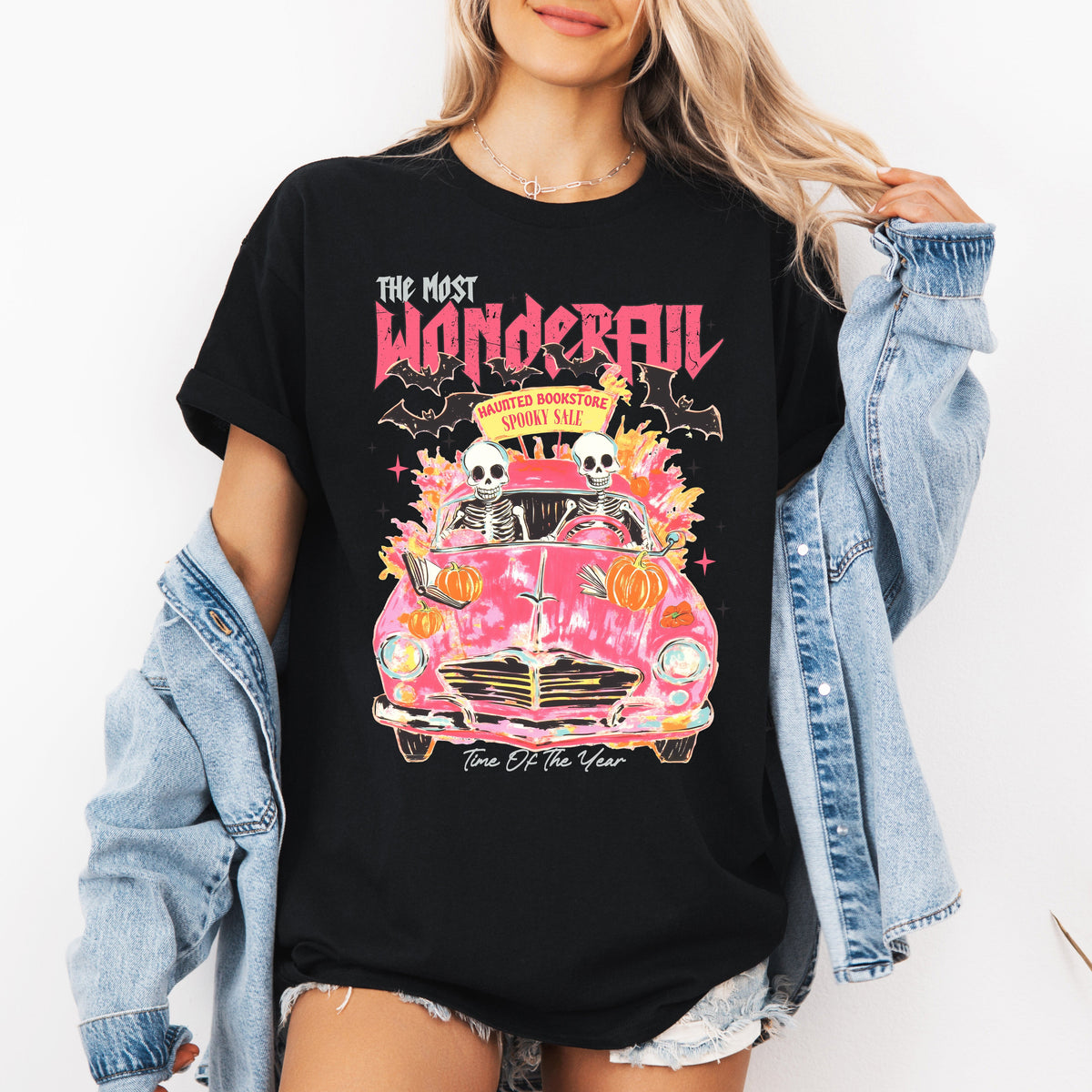 The Most Wonderful Time Of The Year Reading Skeletons Spooky Halloween Graphic Tee