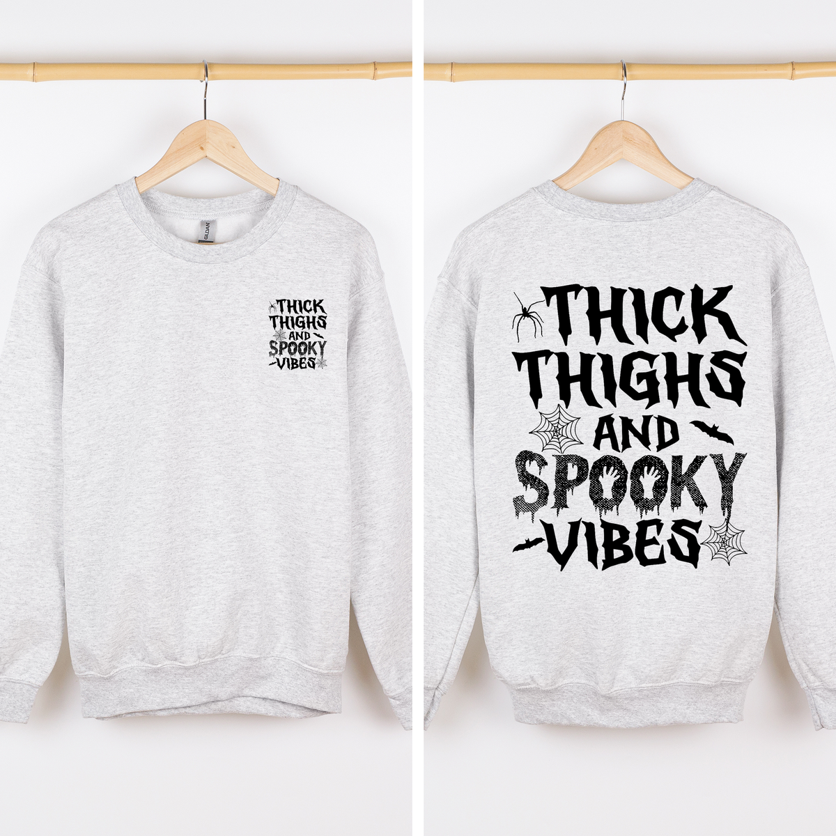 Thick Thighs Spooky Vibes Front And Back Faux Patchwork Lace Ghost Motif With Glitter Accent Halloween Edition Hoodie