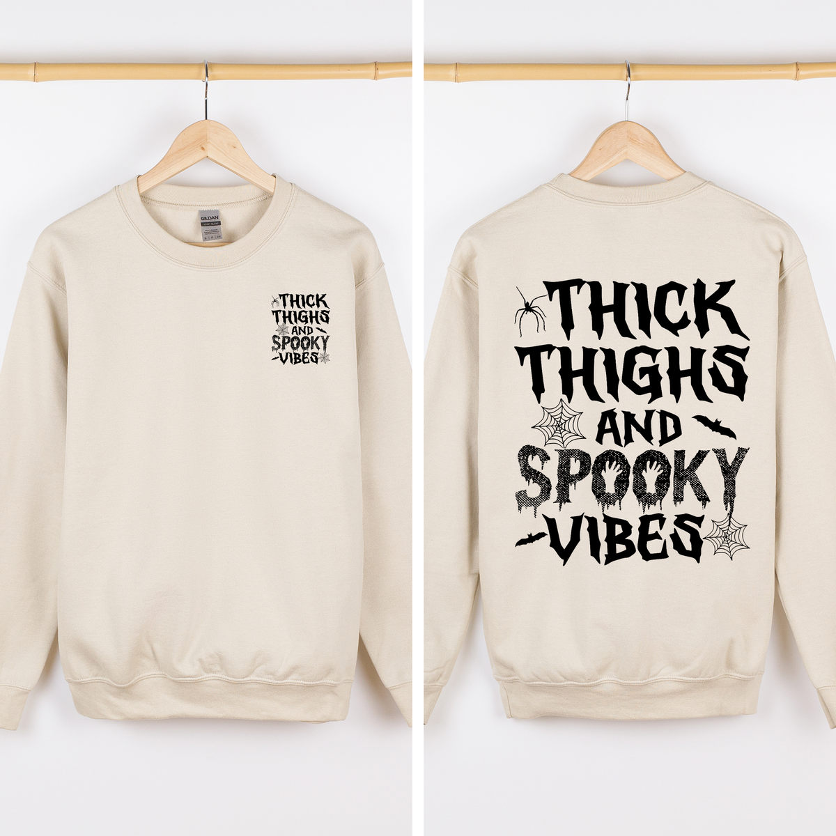 Thick Thighs Spooky Vibes Front And Back Faux Patchwork Lace Ghost Motif With Glitter Accent Halloween Edition Hoodie