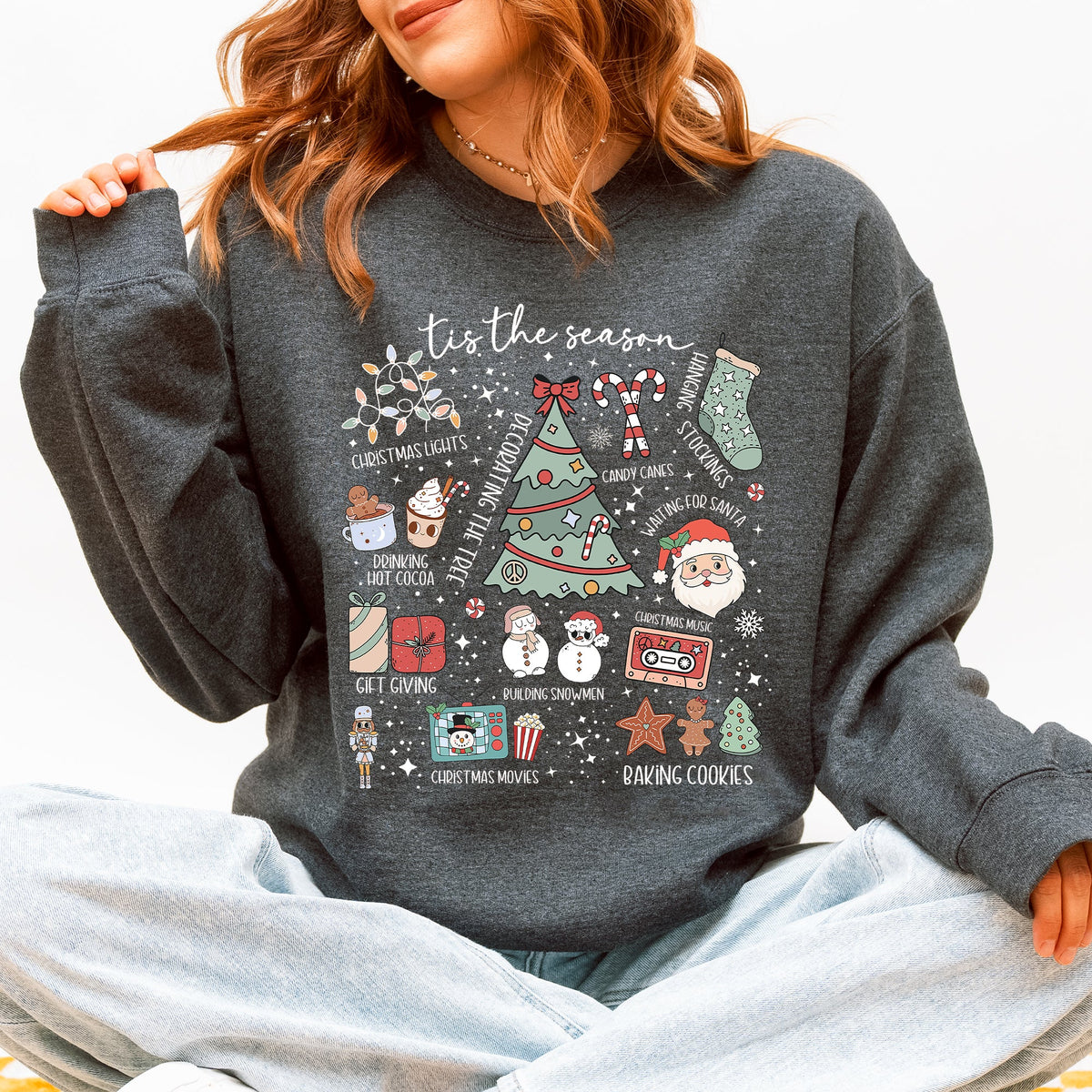 Tis The Season Christmas Santa Tree Snowman Cookies Gifts Cozy Holiday Sweatshirt