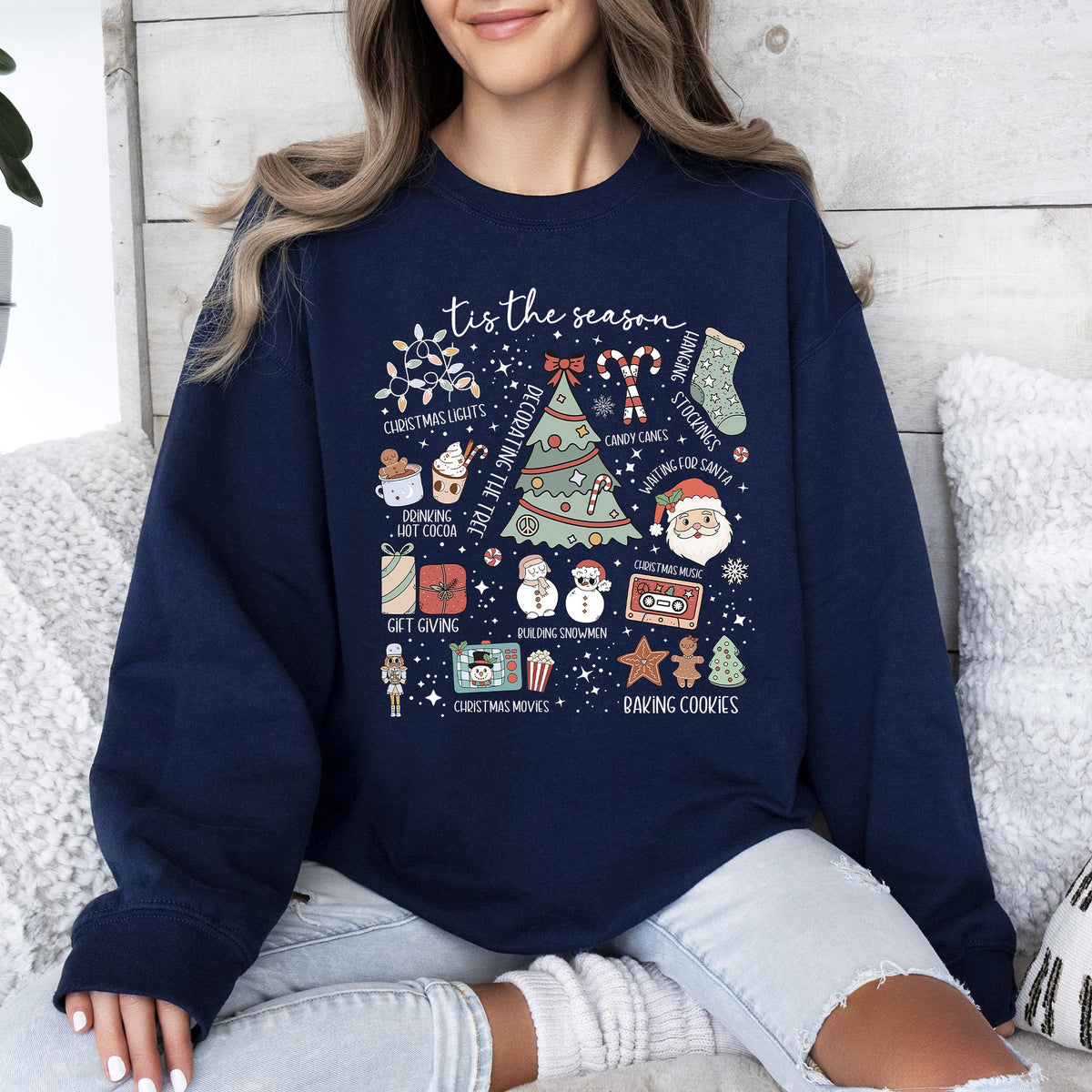 Tis The Season Christmas Santa Tree Snowman Cookies Gifts Cozy Holiday Sweatshirt