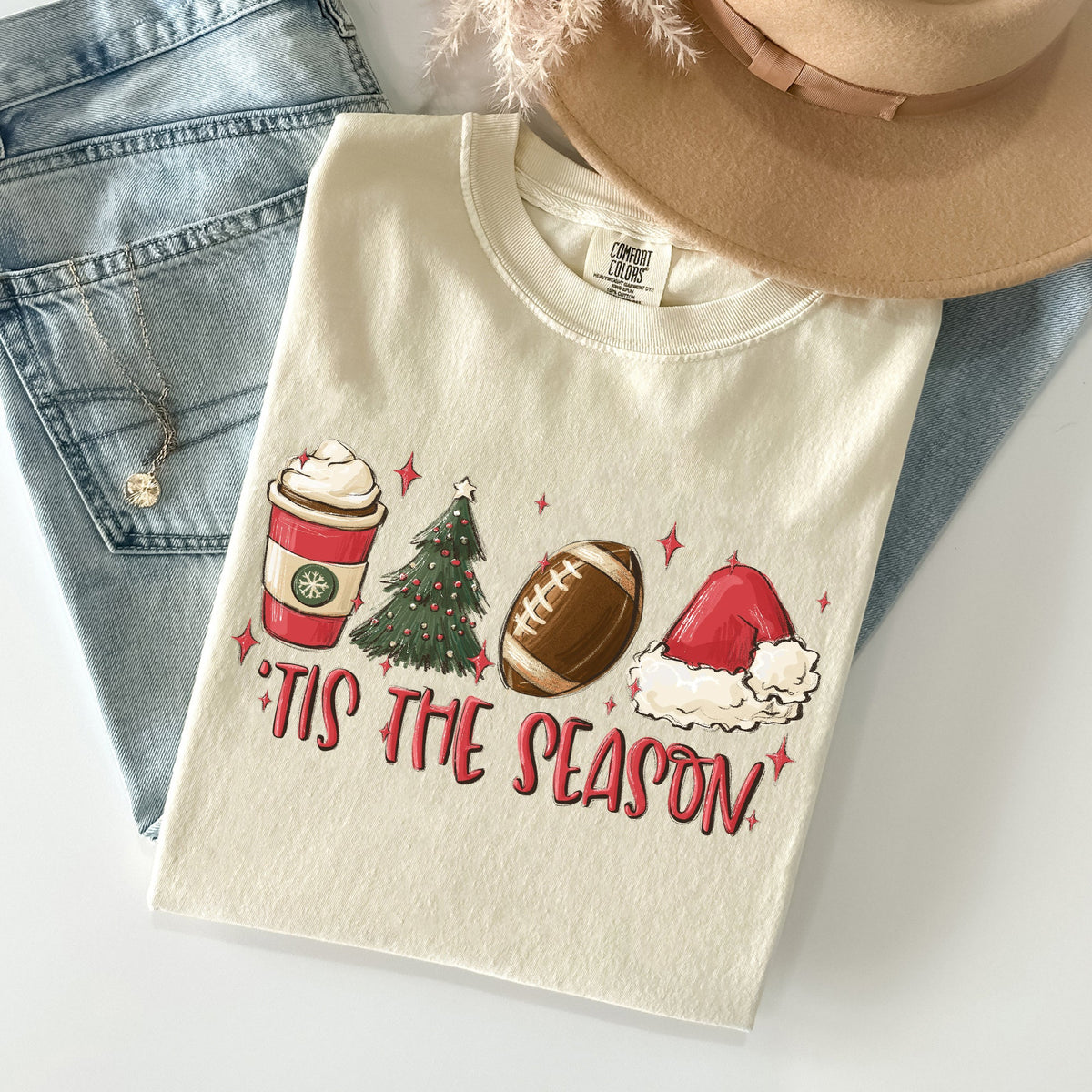 Tis The Season Christmas Football Santa Tree Coffee Winter Xmas Comfort Colors Tee