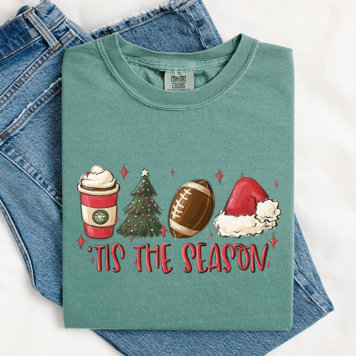 Tis The Season Christmas Football Santa Tree Coffee Winter Xmas Comfort Colors Tee