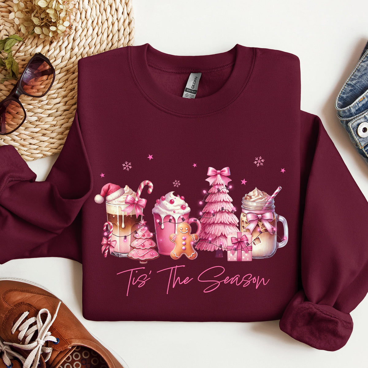 Tis The Season Coffee Drinks Pastel Christmas Pink Snow Cozy Festive Holiday Sweatshirt